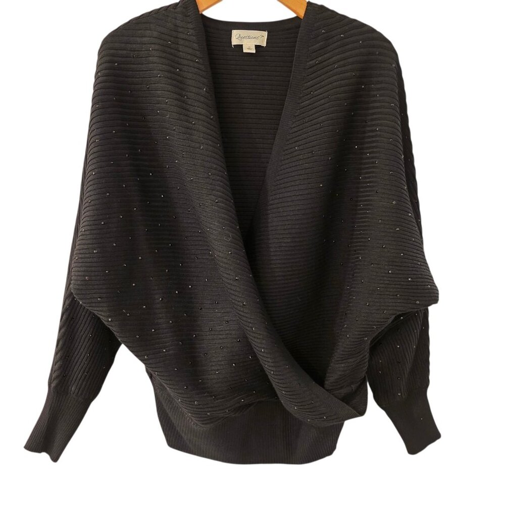 Questions Studded Pullover Faux Wrap Chunky Sweater Black Knit Classic Sz M‎